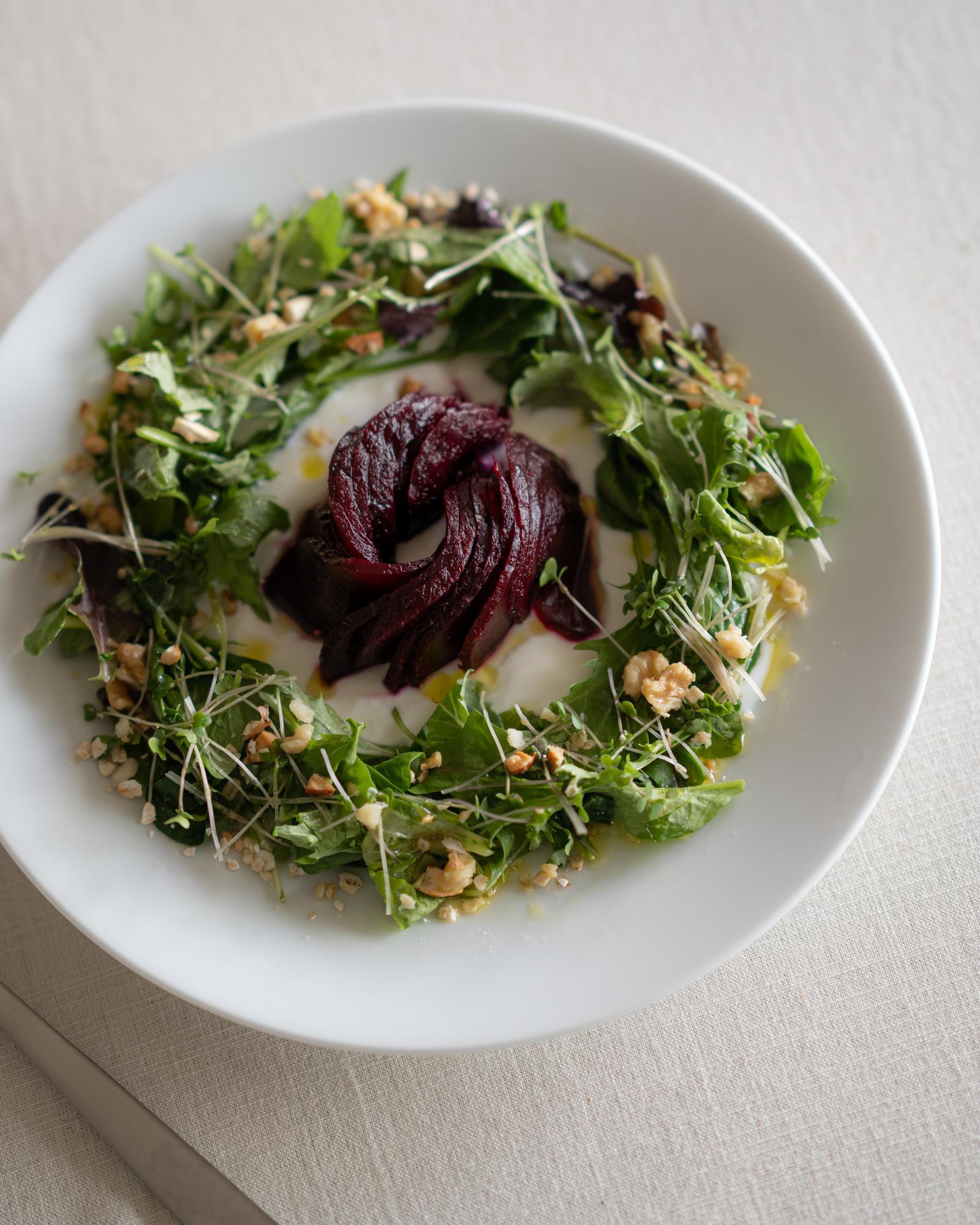 Close-up of plated weeknight meal with fresh herbs